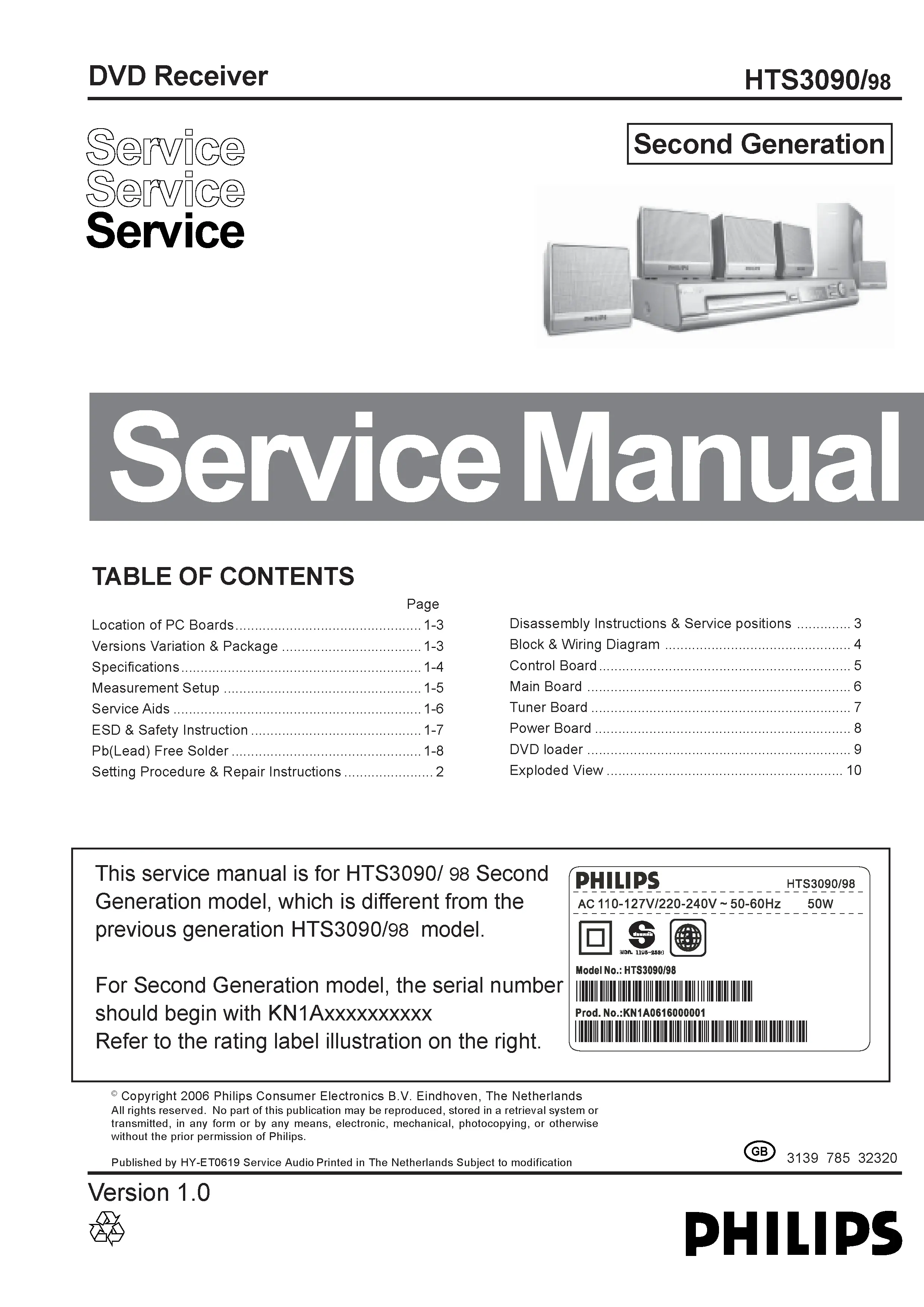 Philips hts3090 service manual cover with picture of the device, model type and number, table of contents, manual version and publication year.