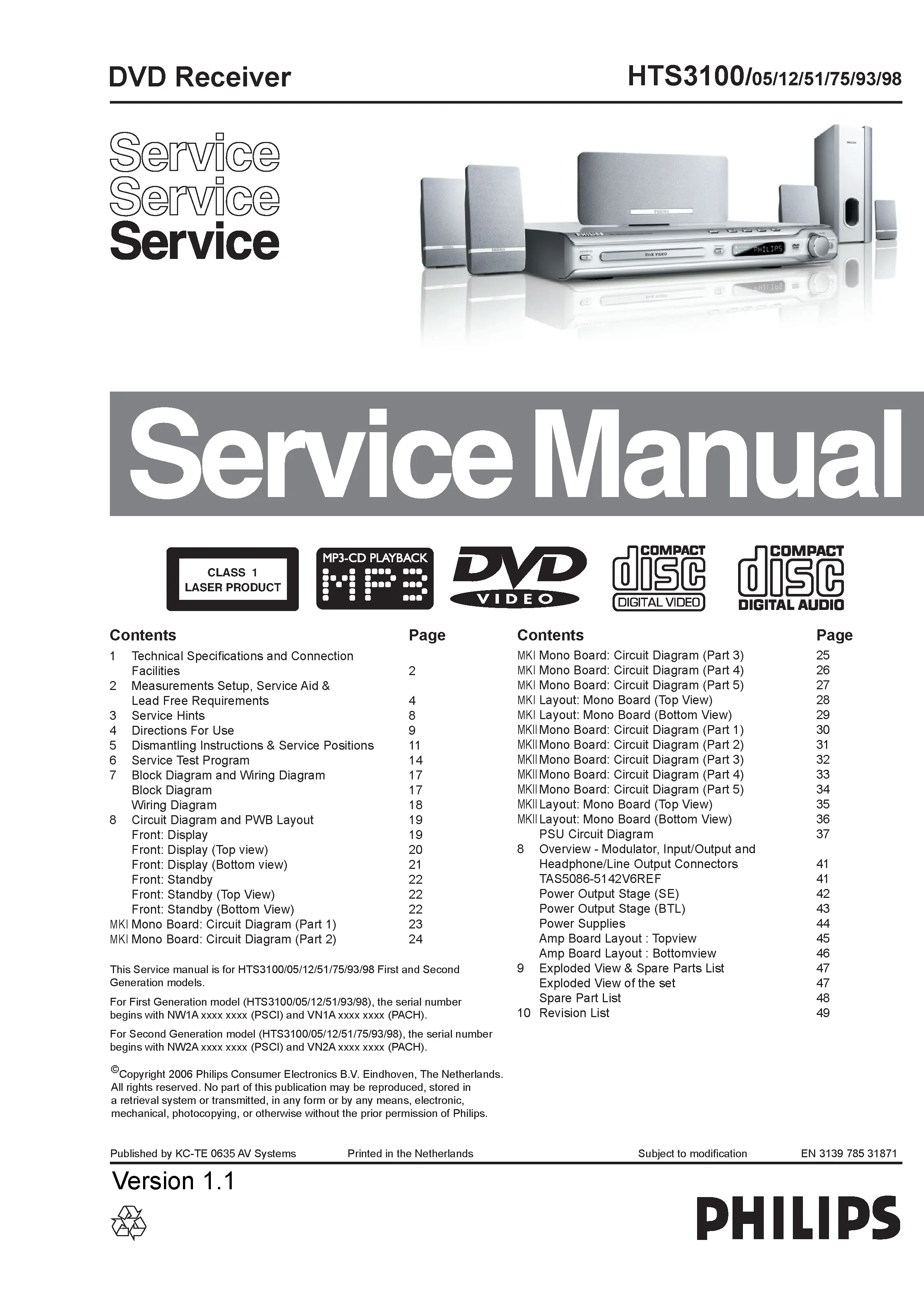 Philips hts3100 service manual cover with picture of the device, model type and number, table of contents, manual version and publication year.