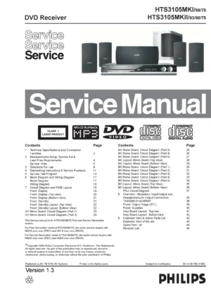 Philips hts3105 service manual cover with picture of the device, model type and number, table of contents, manual version and publication year.