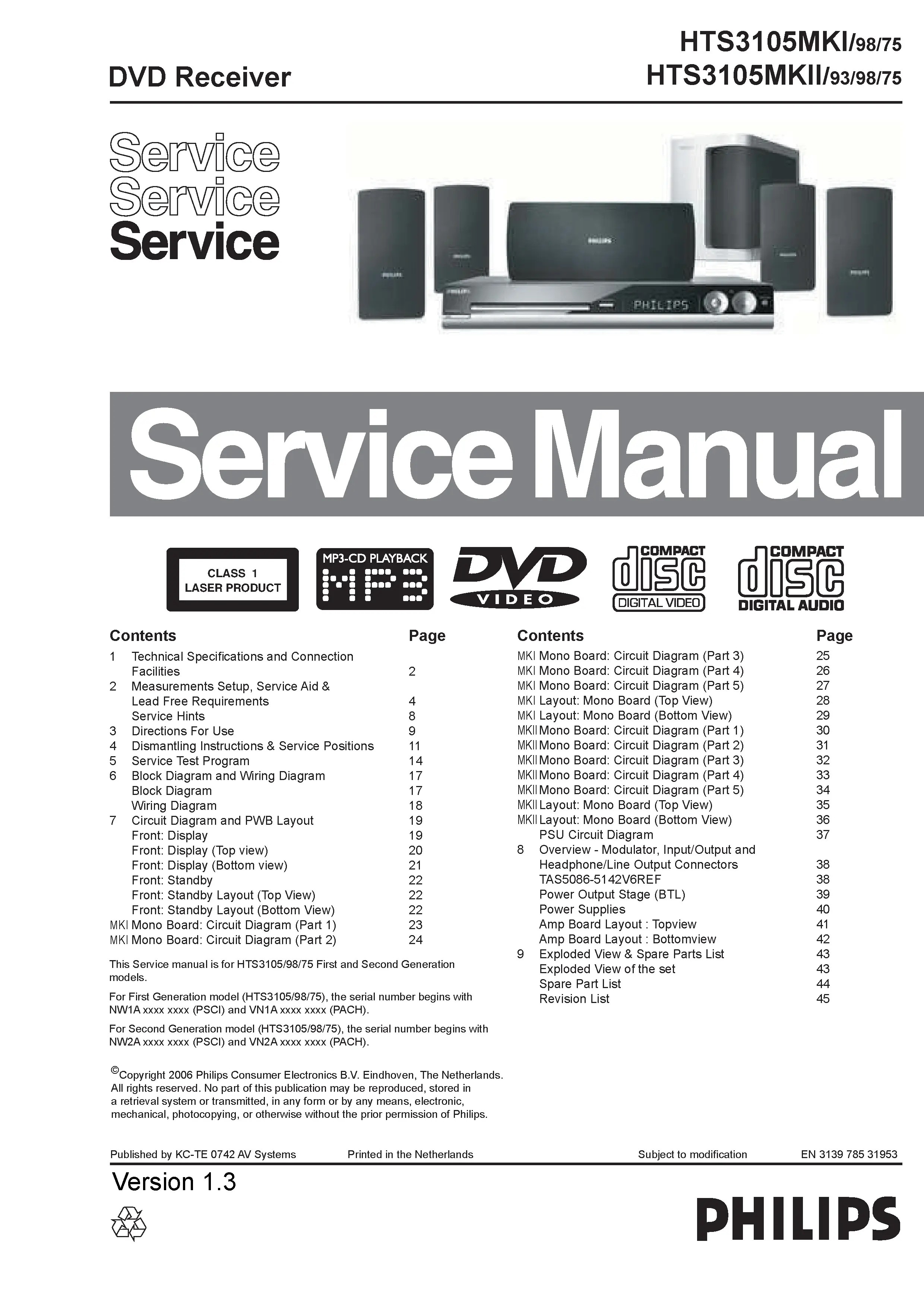 Philips hts3105 service manual cover with picture of the device, model type and number, table of contents, manual version and publication year.