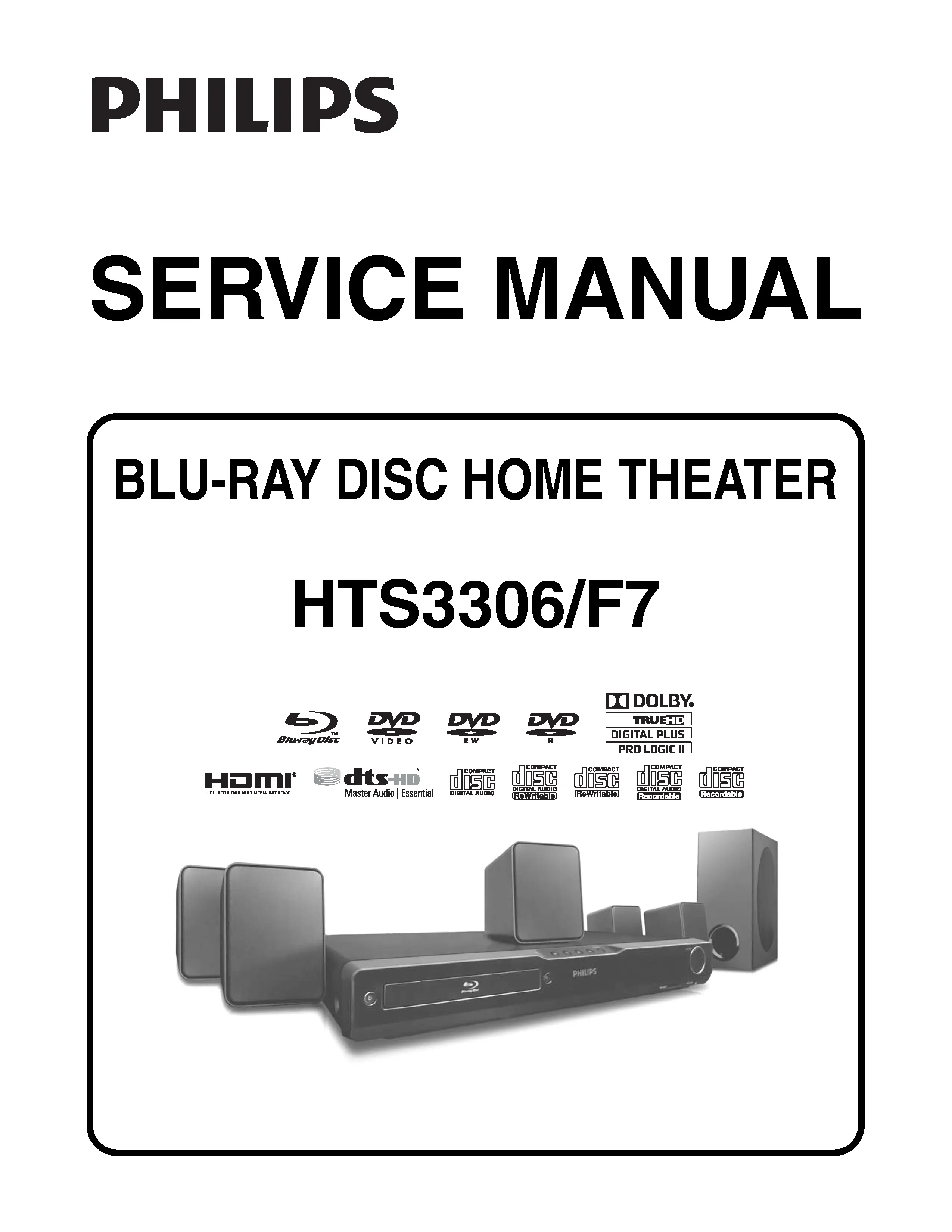 Philips hts3106 service manual cover with picture of the device, model type and number, table of contents, manual version and publication year.