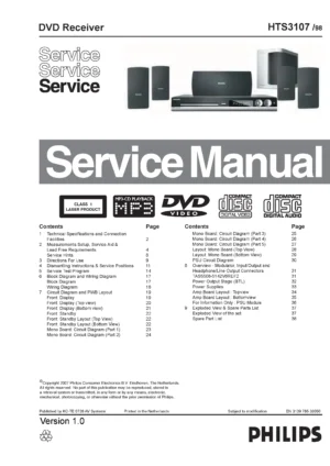 Philips hts3107 service manual cover with picture of the device, model type and number, table of contents, manual version and publication year.