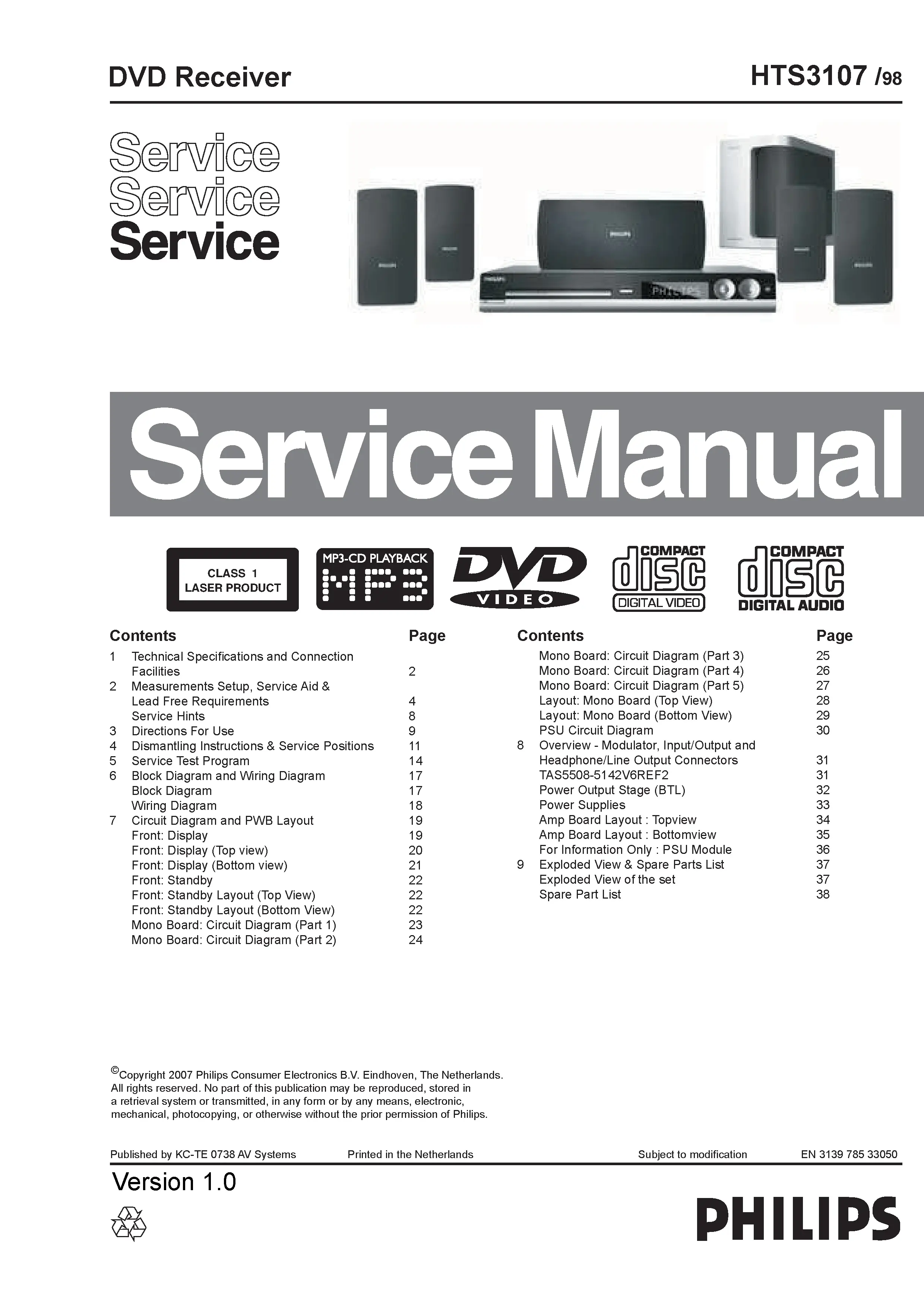 Philips hts3107 service manual cover with picture of the device, model type and number, table of contents, manual version and publication year.