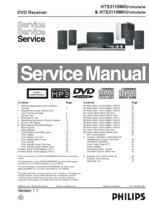 Philips hts3110 service manual cover with picture of the device, model type and number, table of contents, manual version and publication year.