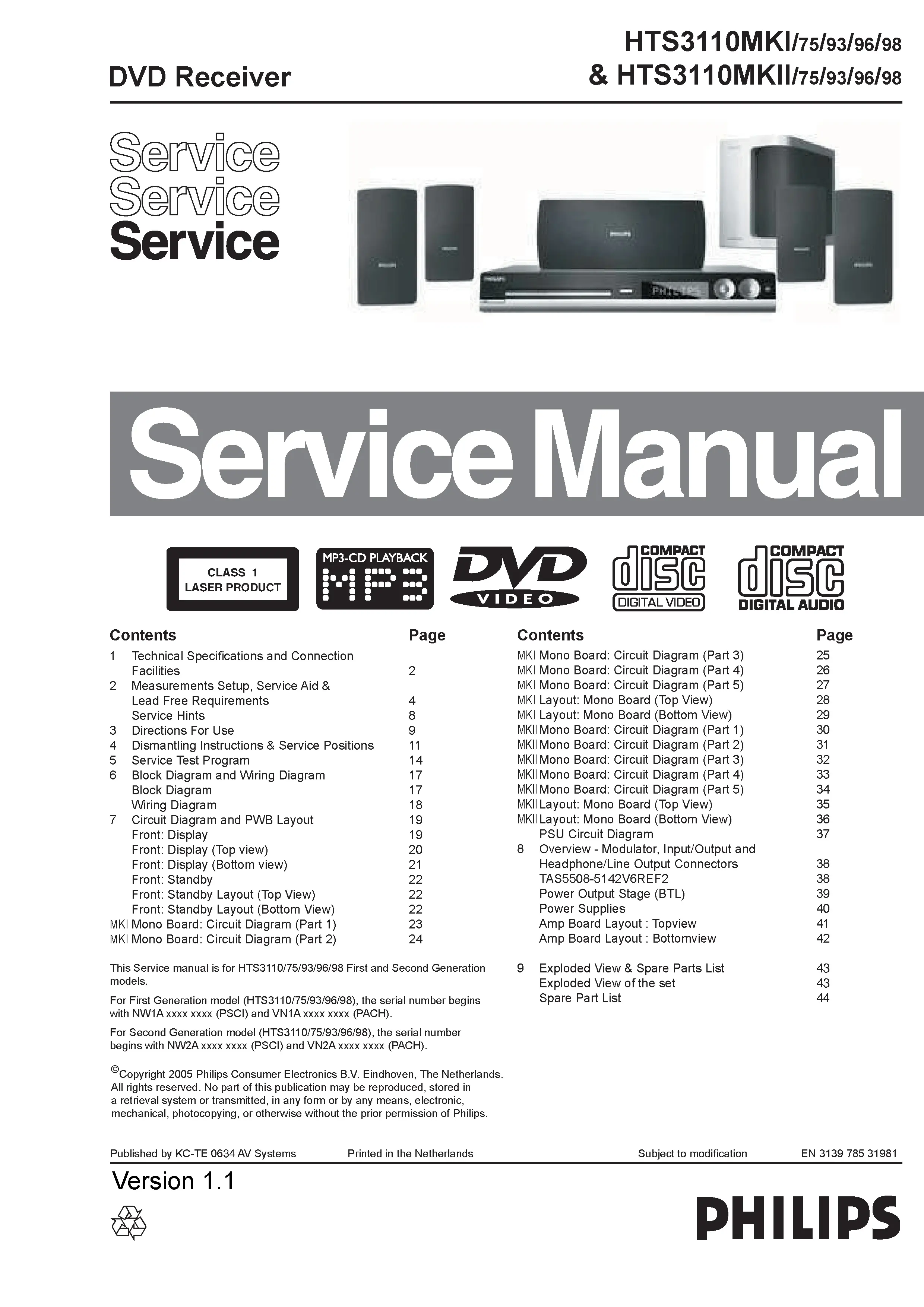 Philips hts3110 service manual cover with picture of the device, model type and number, table of contents, manual version and publication year.