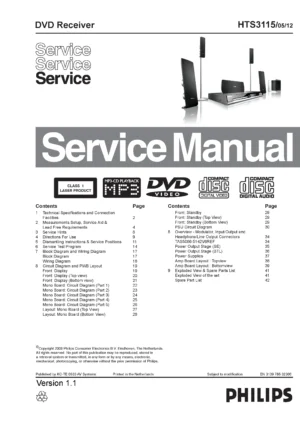 Philips hts3115 service manual cover with picture of the device, model type and number, table of contents, manual version and publication year.