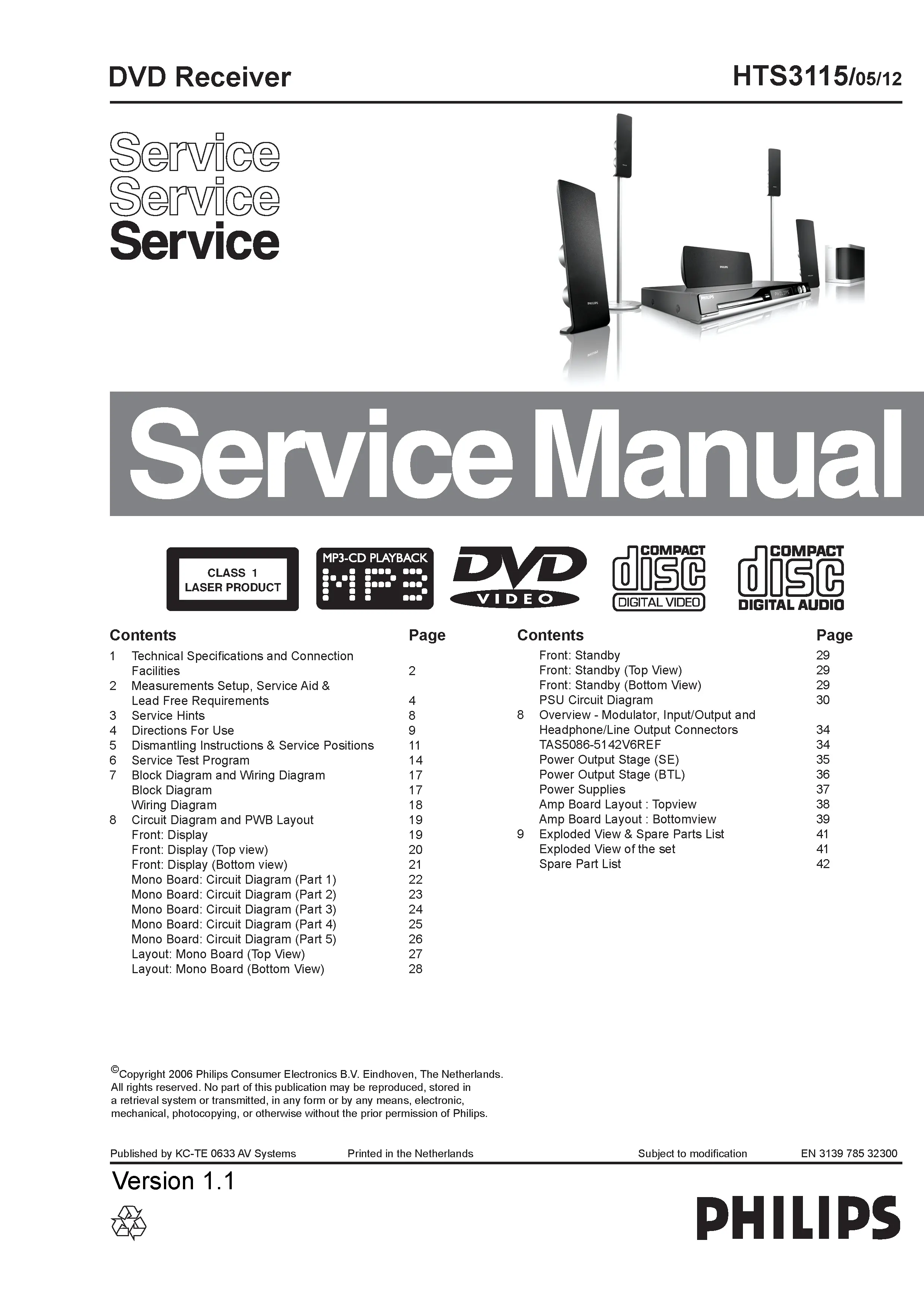 Philips hts3115 service manual cover with picture of the device, model type and number, table of contents, manual version and publication year.