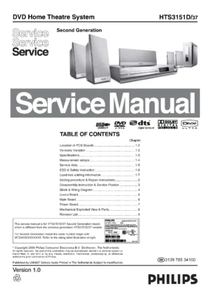 Philips hts3151d service manual cover with picture of the device, model type and number, table of contents, manual version and publication year.