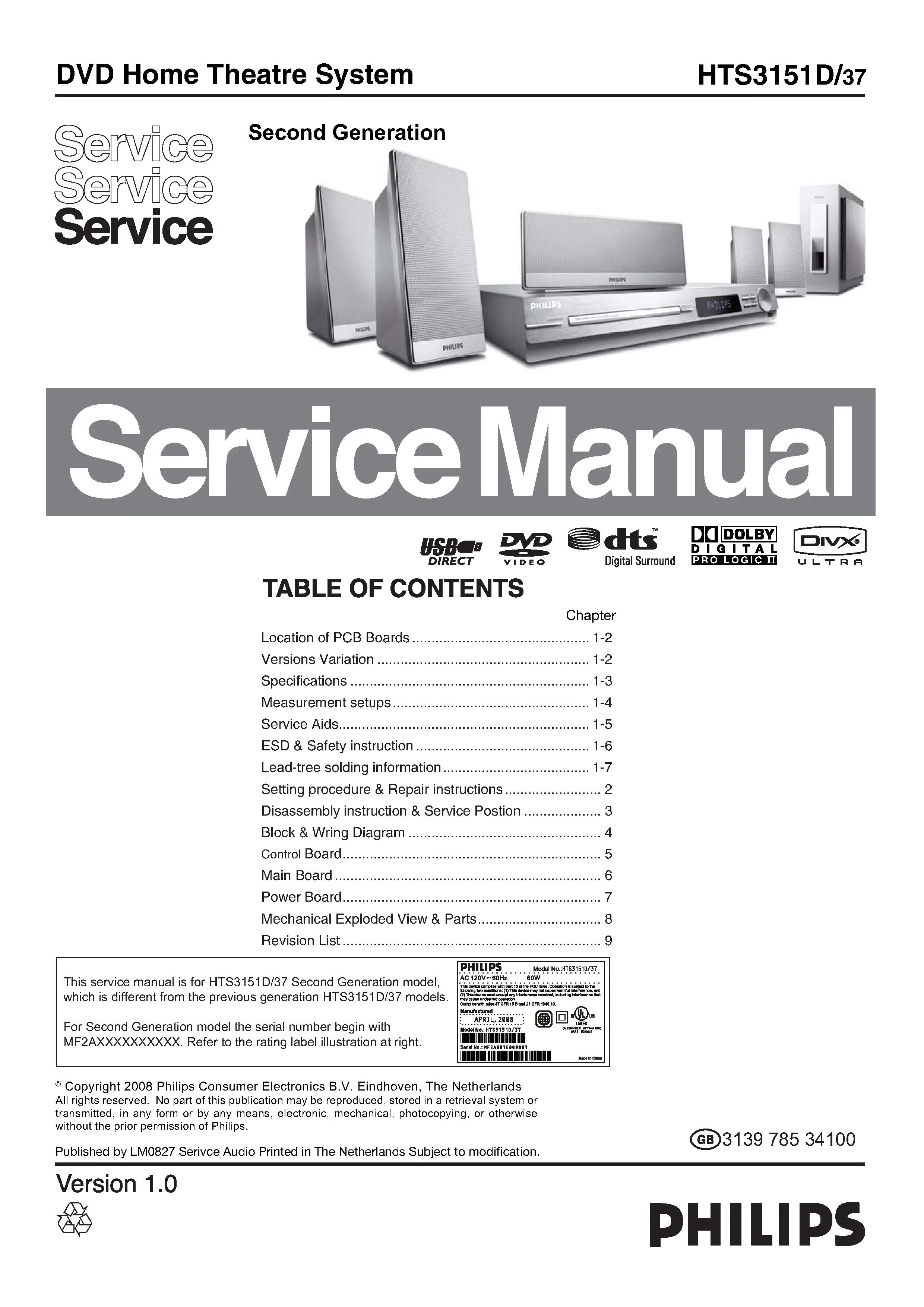Philips hts3151d service manual cover with picture of the device, model type and number, table of contents, manual version and publication year.