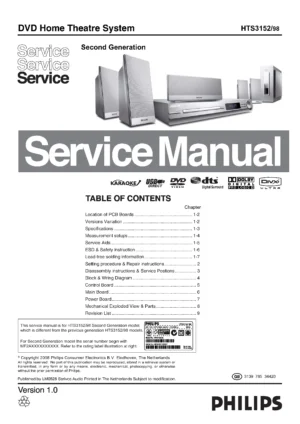 Philips hts3152 service manual cover with picture of the device, model type and number, table of contents, manual version and publication year.