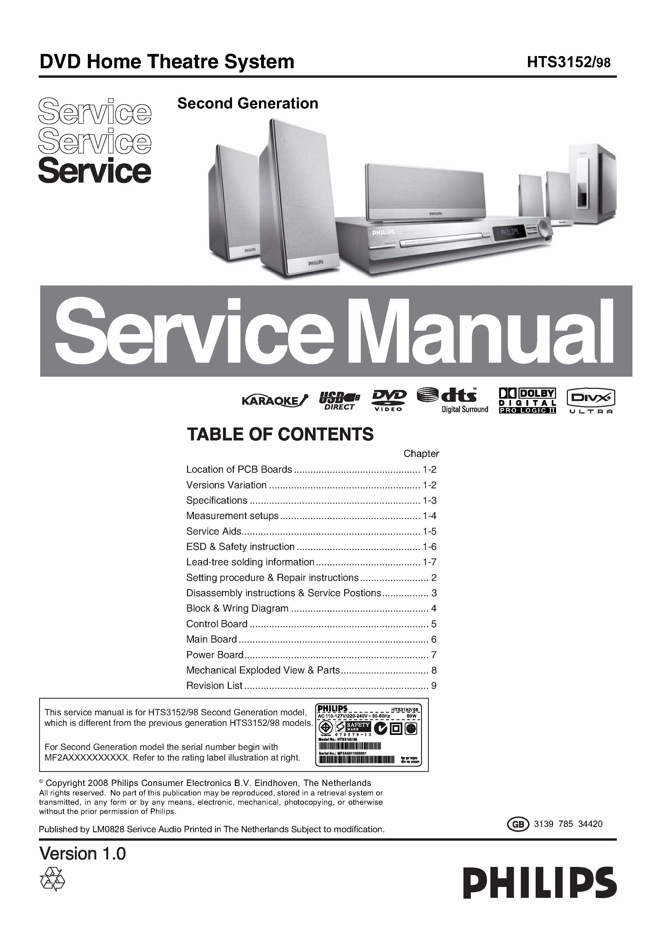 Philips hts3152 service manual cover with picture of the device, model type and number, table of contents, manual version and publication year.