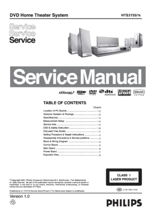 Philips hts3155 service manual cover with picture of the device, model type and number, table of contents, manual version and publication year.