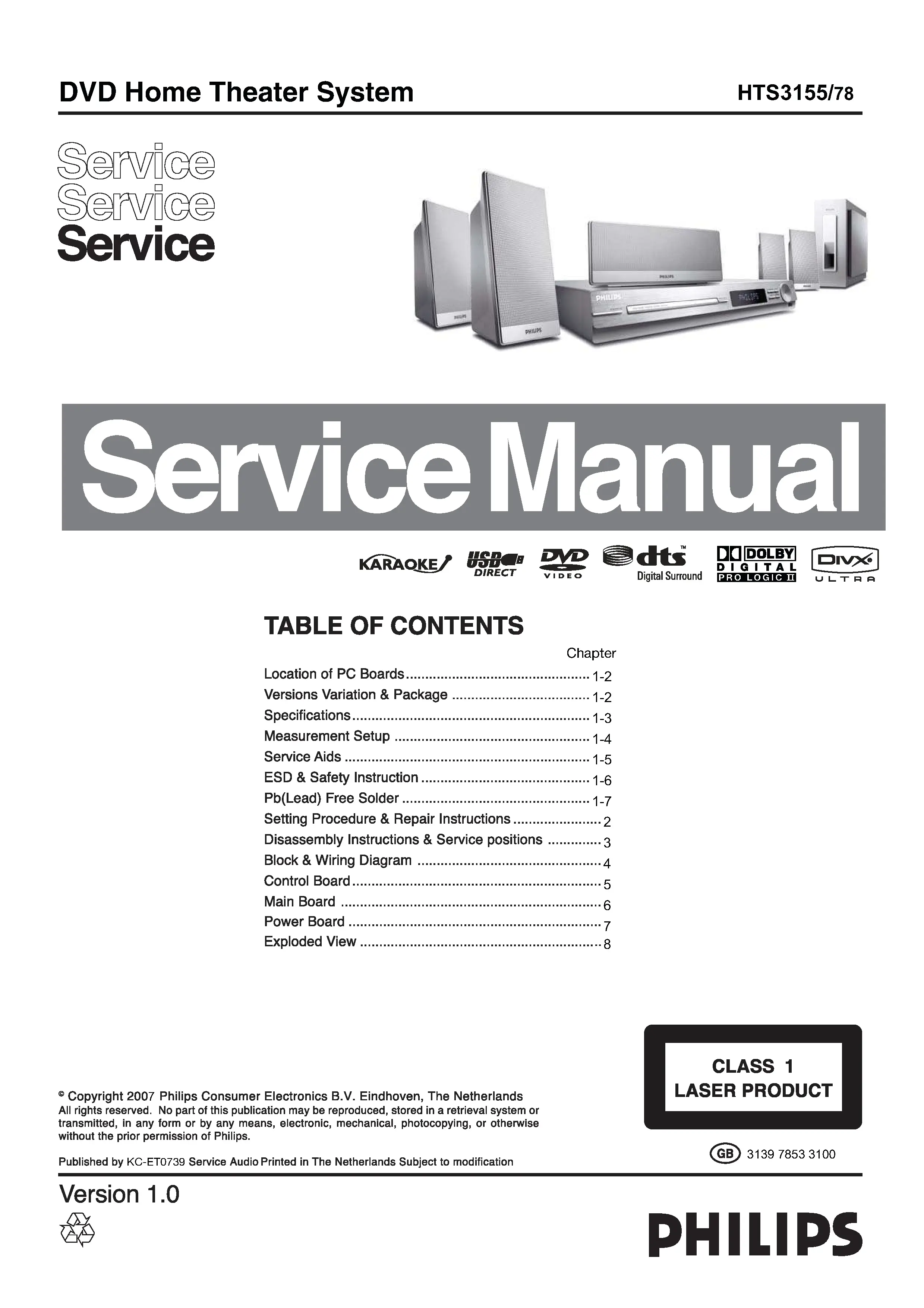 Philips hts3155 service manual cover with picture of the device, model type and number, table of contents, manual version and publication year.