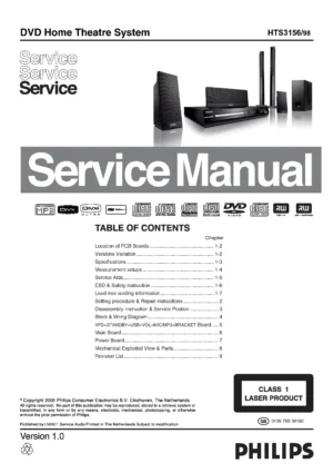 Philips hts3156 service manual cover with picture of the device, model type and number, table of contents, manual version and publication year.