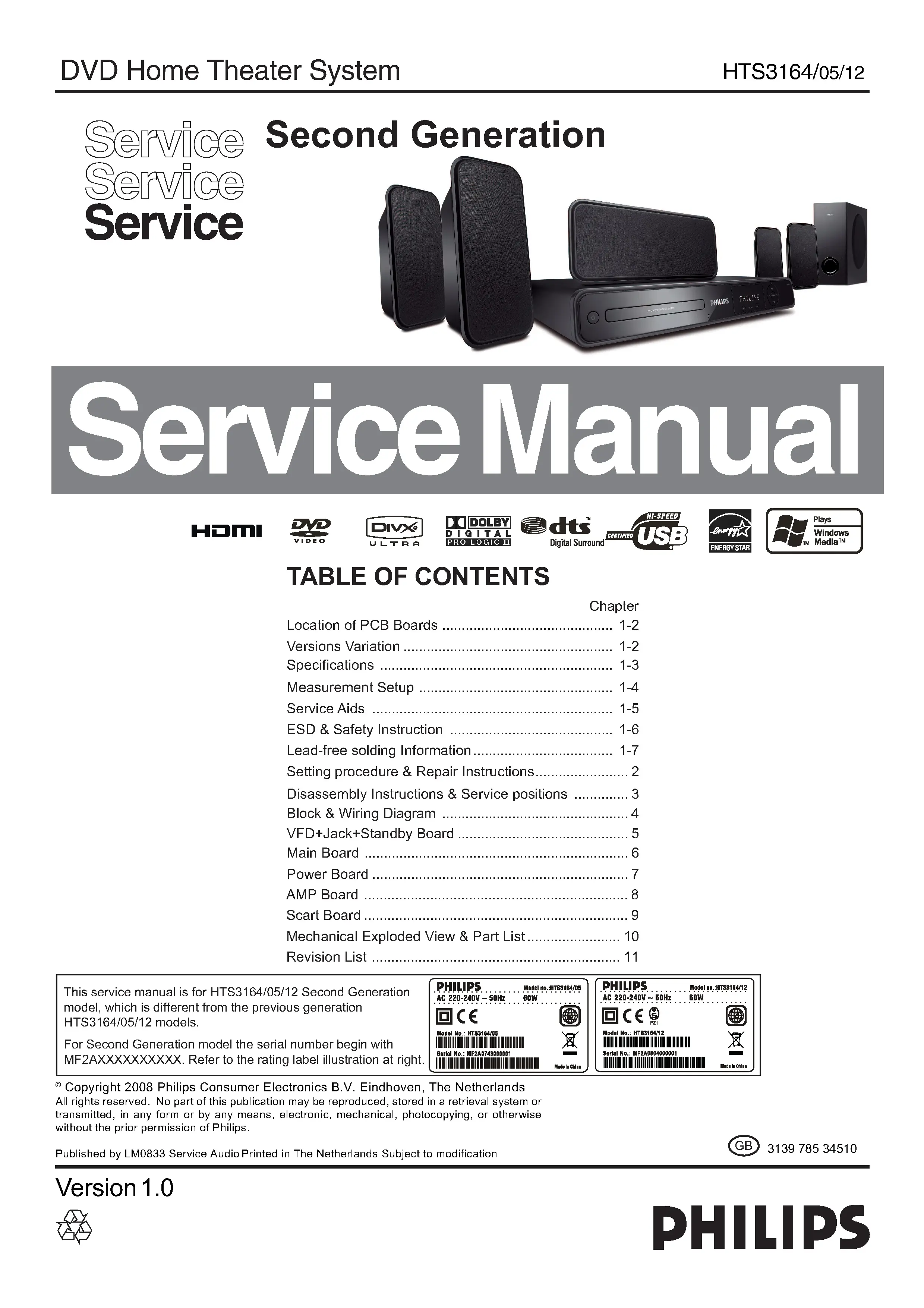 Philips hts3164 service manual cover with picture of the device, model type and number, table of contents, manual version and publication year.