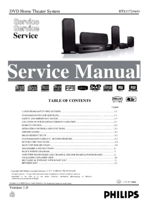 Philips hts3172 service manual cover with picture of the device, model type and number, table of contents, manual version and publication year.