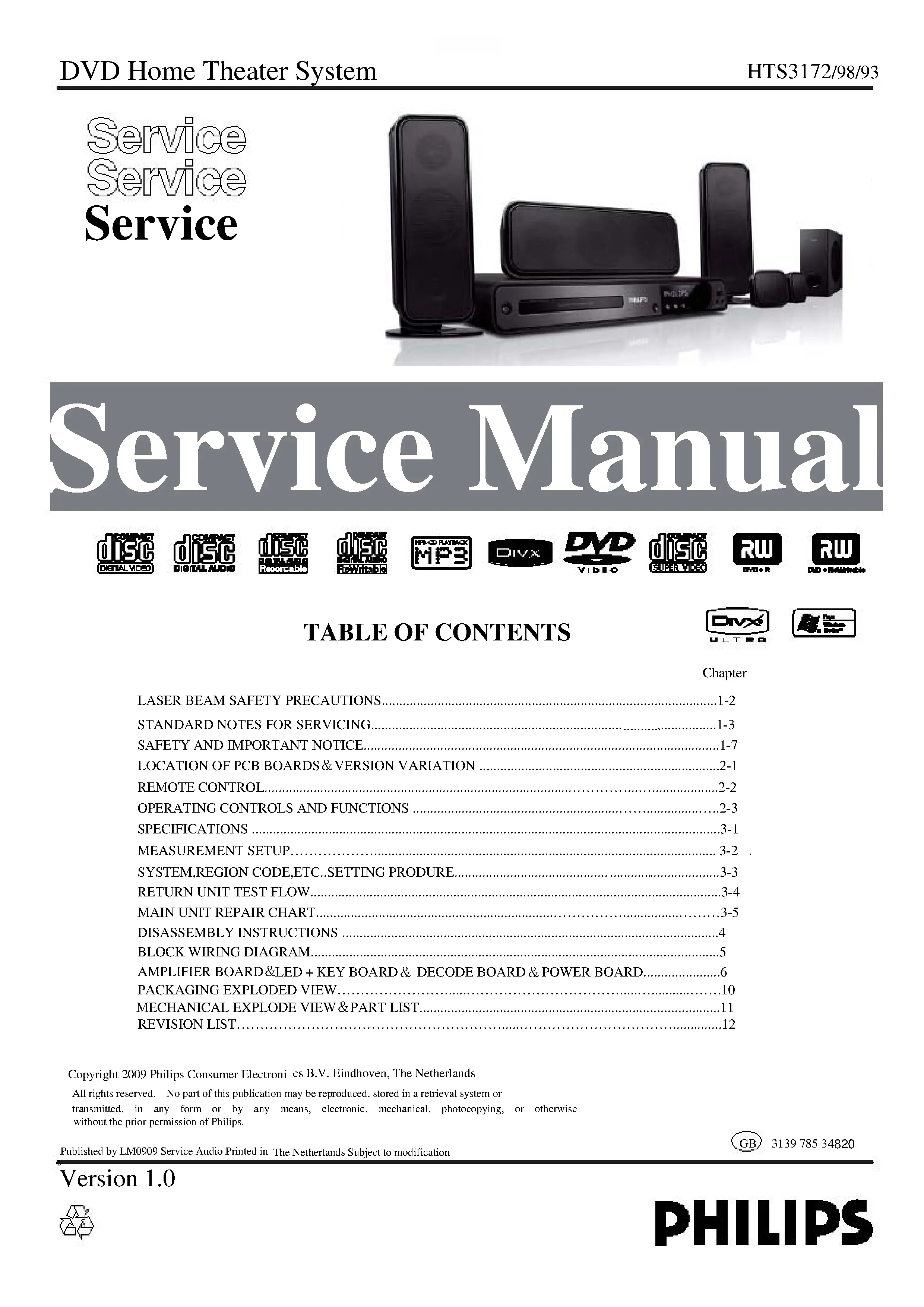 Philips hts3172 service manual cover with picture of the device, model type and number, table of contents, manual version and publication year.
