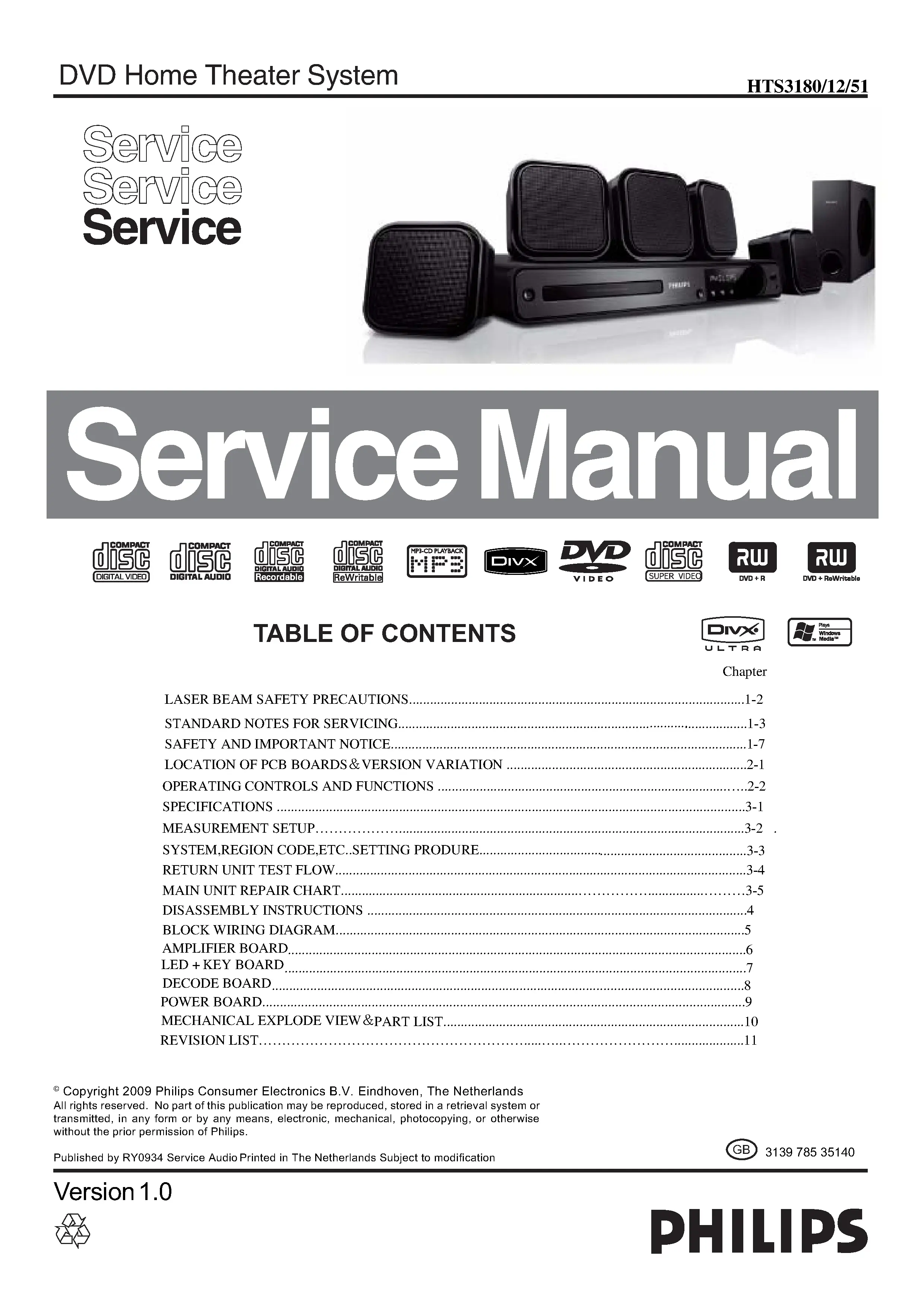 Philips hts3180 service manual cover with picture of the device, model type and number, table of contents, manual version and publication year.