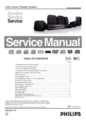Philips hts3181 service manual cover with picture of the device, model type and number, table of contents, manual version and publication year.
