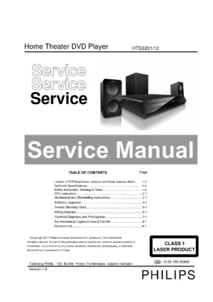 Philips hts3201 service manual cover with picture of the device, model type and number, table of contents, manual version and publication year.