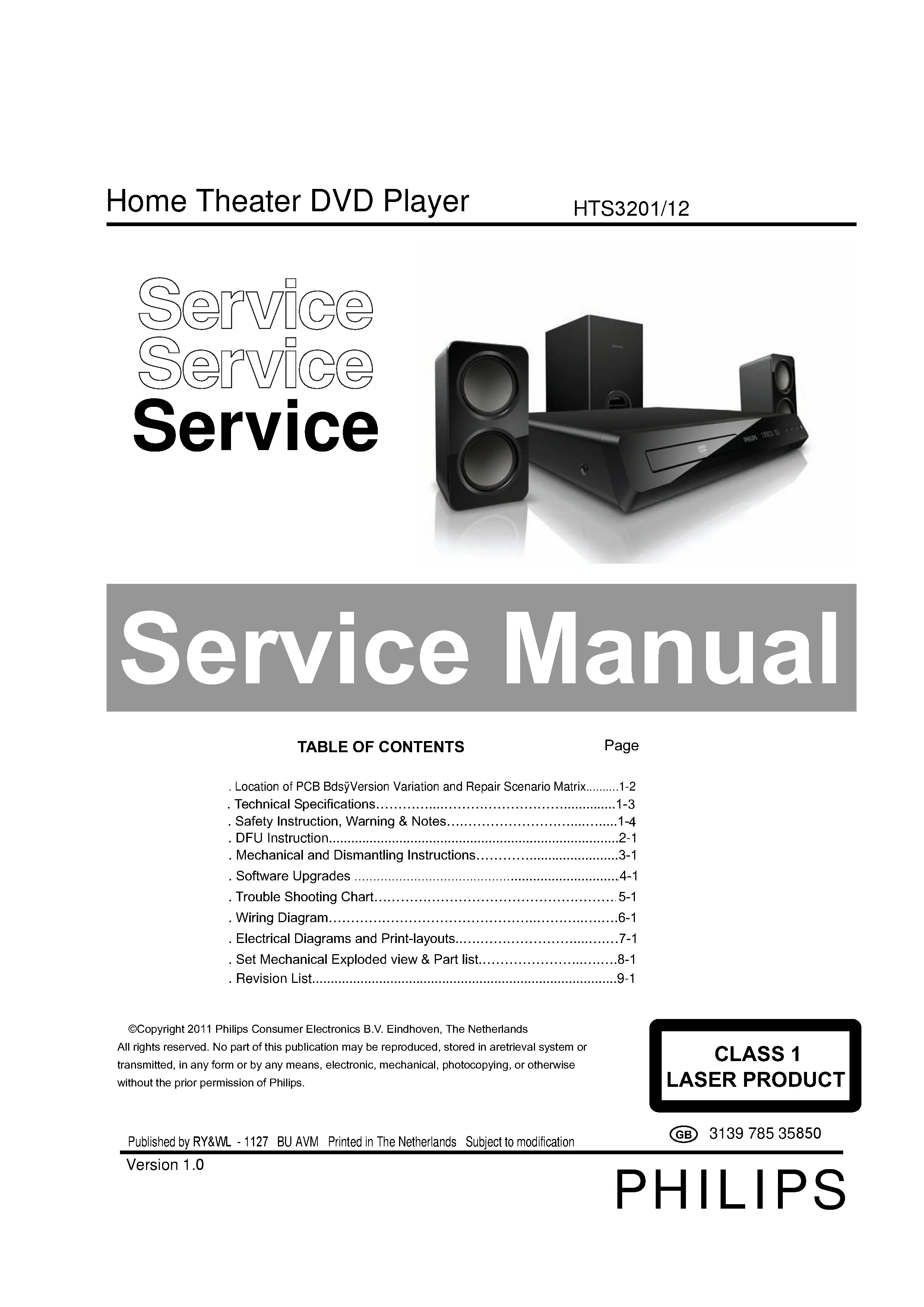 Philips hts3201 service manual cover with picture of the device, model type and number, table of contents, manual version and publication year.