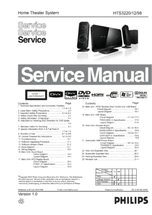 Philips hts3220 service manual cover with picture of the device, model type and number, table of contents, manual version and publication year.