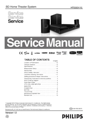 Philips hts3231 service manual cover with picture of the device, model type and number, table of contents, manual version and publication year.
