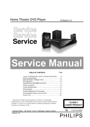 Philips hts3251 service manual cover with picture of the device, model type and number, table of contents, manual version and publication year.