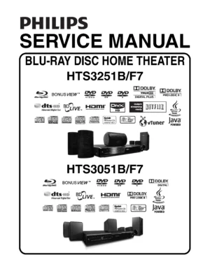Philips hts3251b service manual cover with picture of the device, model type and number, table of contents, manual version and publication year.