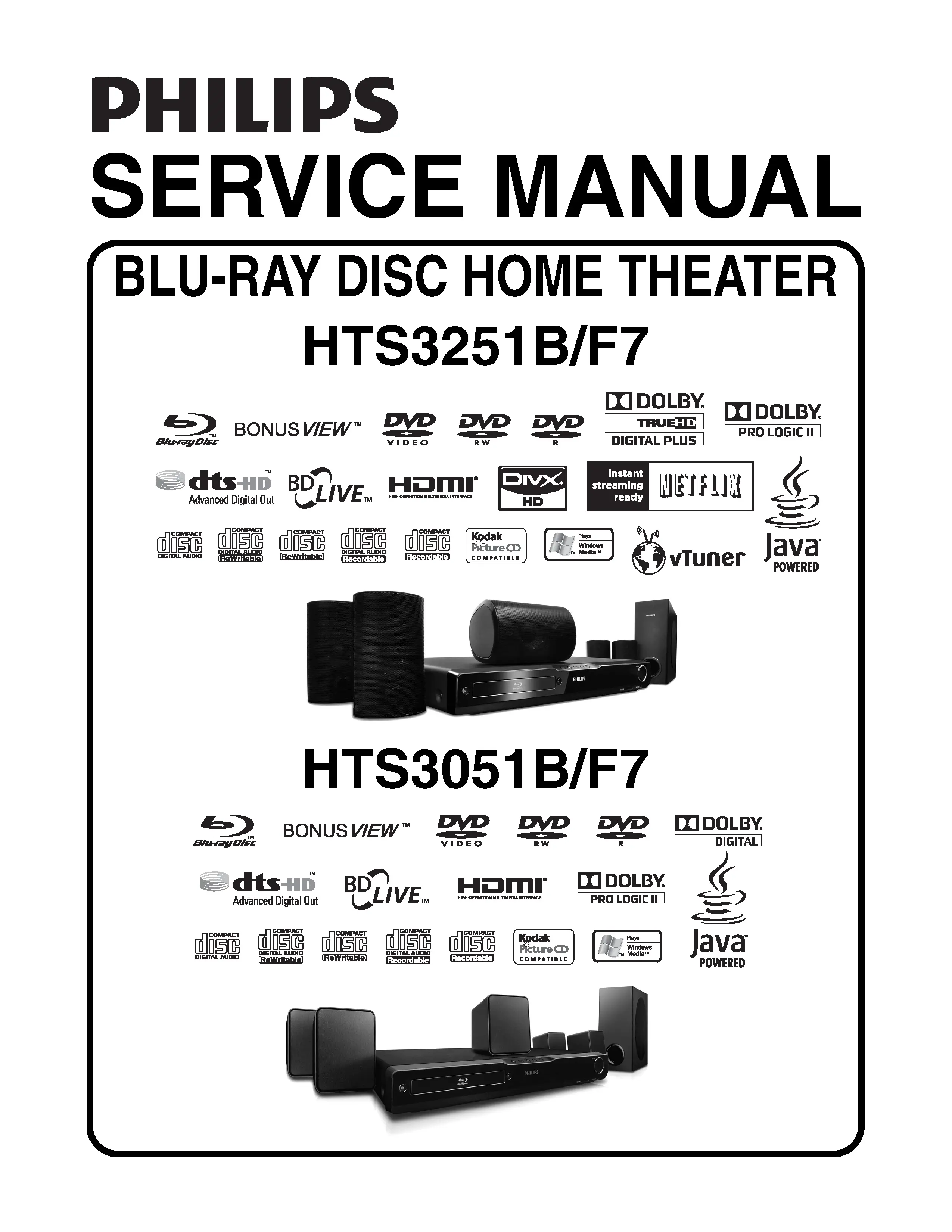 Philips hts3251b service manual cover with picture of the device, model type and number, table of contents, manual version and publication year.