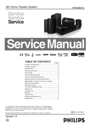 Philips hts3260 service manual cover with picture of the device, model type and number, table of contents, manual version and publication year.