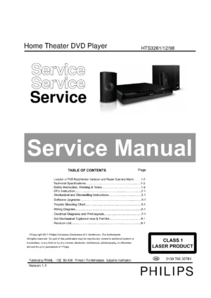 Philips hts3261 service manual cover with picture of the device, model type and number, table of contents, manual version and publication year.