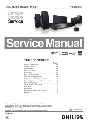 Philips hts3264d service manual cover with picture of the device, model type and number, table of contents, manual version and publication year.
