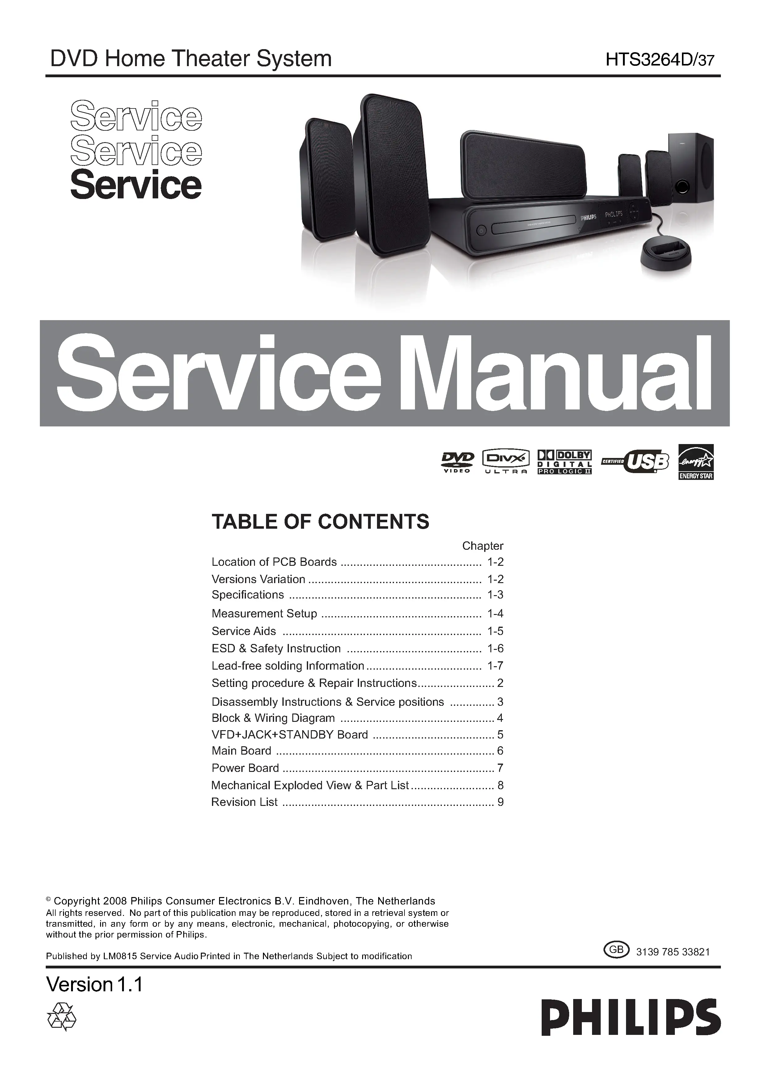 Philips hts3264d service manual cover with picture of the device, model type and number, table of contents, manual version and publication year.