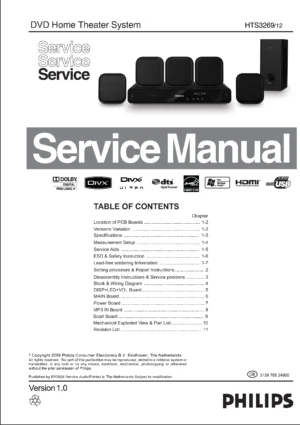 Philips hts3269 service manual cover with picture of the device, model type and number, table of contents, manual version and publication year.