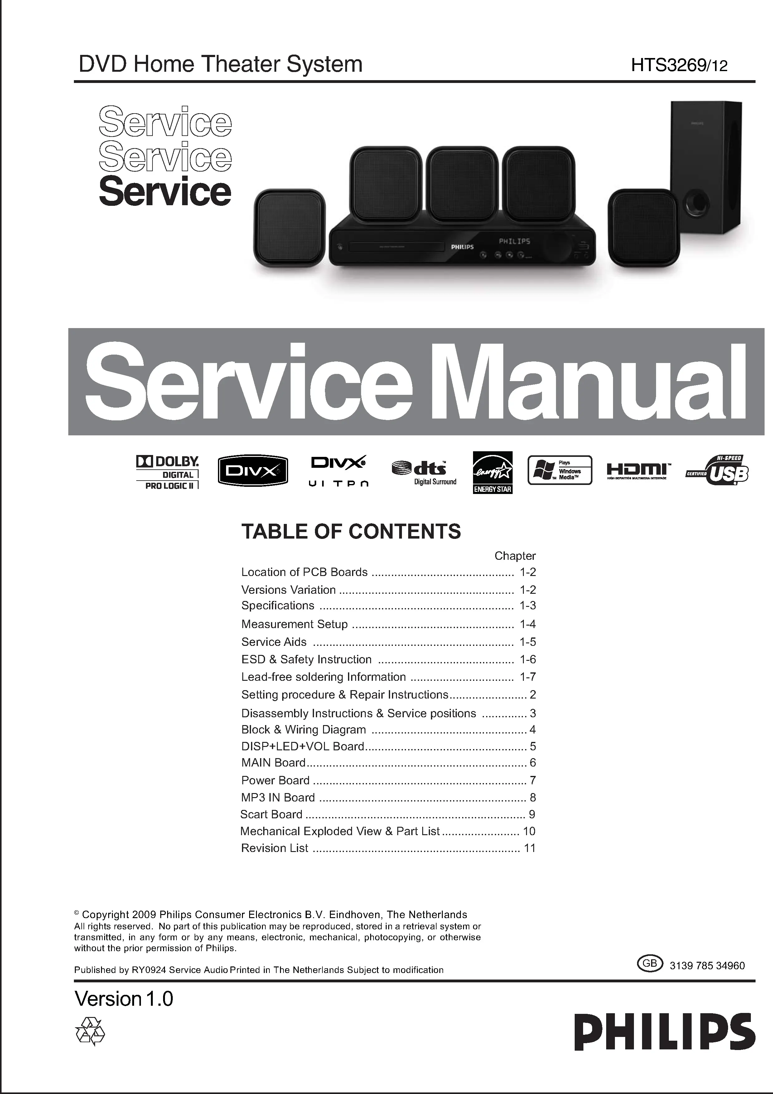 Philips hts3269 service manual cover with picture of the device, model type and number, table of contents, manual version and publication year.