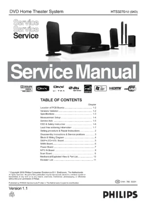 Philips hts3270 service manual cover with picture of the device, model type and number, table of contents, manual version and publication year.