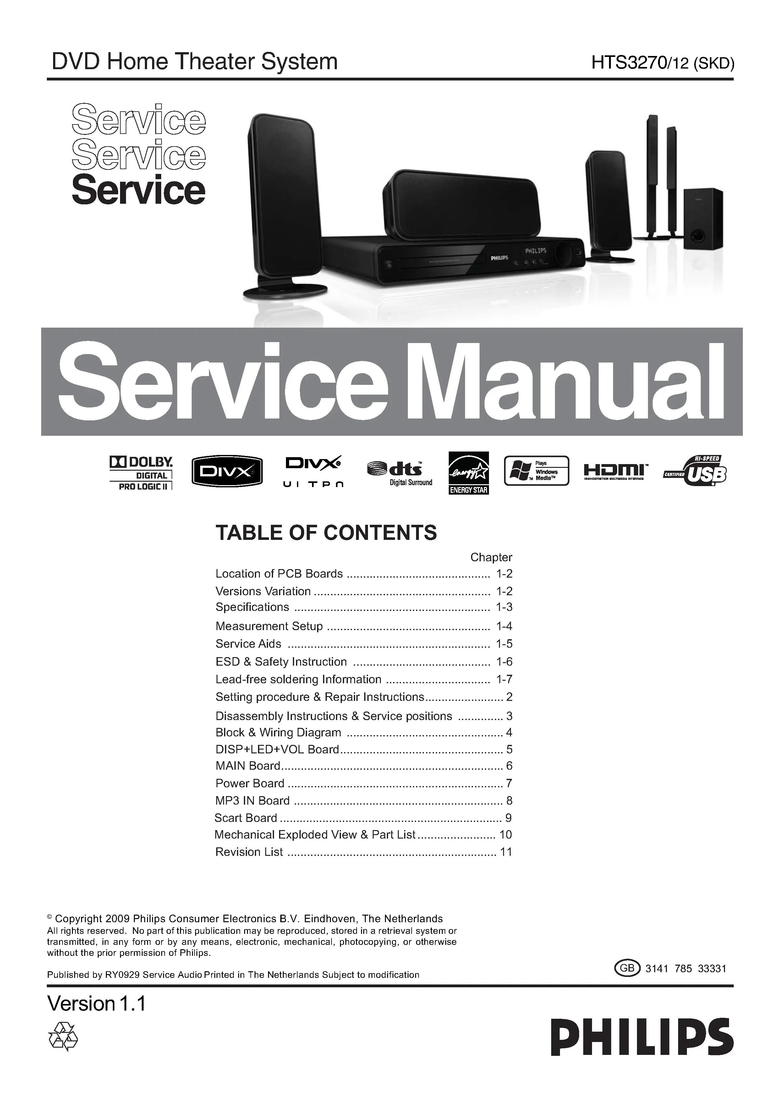Philips hts3270 service manual cover with picture of the device, model type and number, table of contents, manual version and publication year.