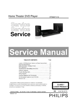 Philips hts3271 service manual cover with picture of the device, model type and number, table of contents, manual version and publication year.