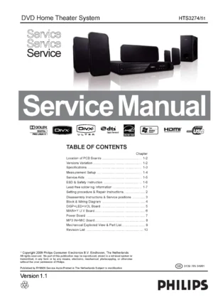 Philips hts3274 service manual cover with picture of the device, model type and number, table of contents, manual version and publication year.