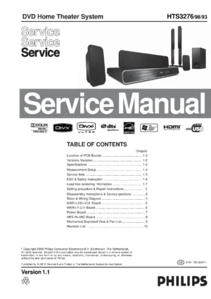 Philips hts3276 service manual cover with picture of the device, model type and number, table of contents, manual version and publication year.