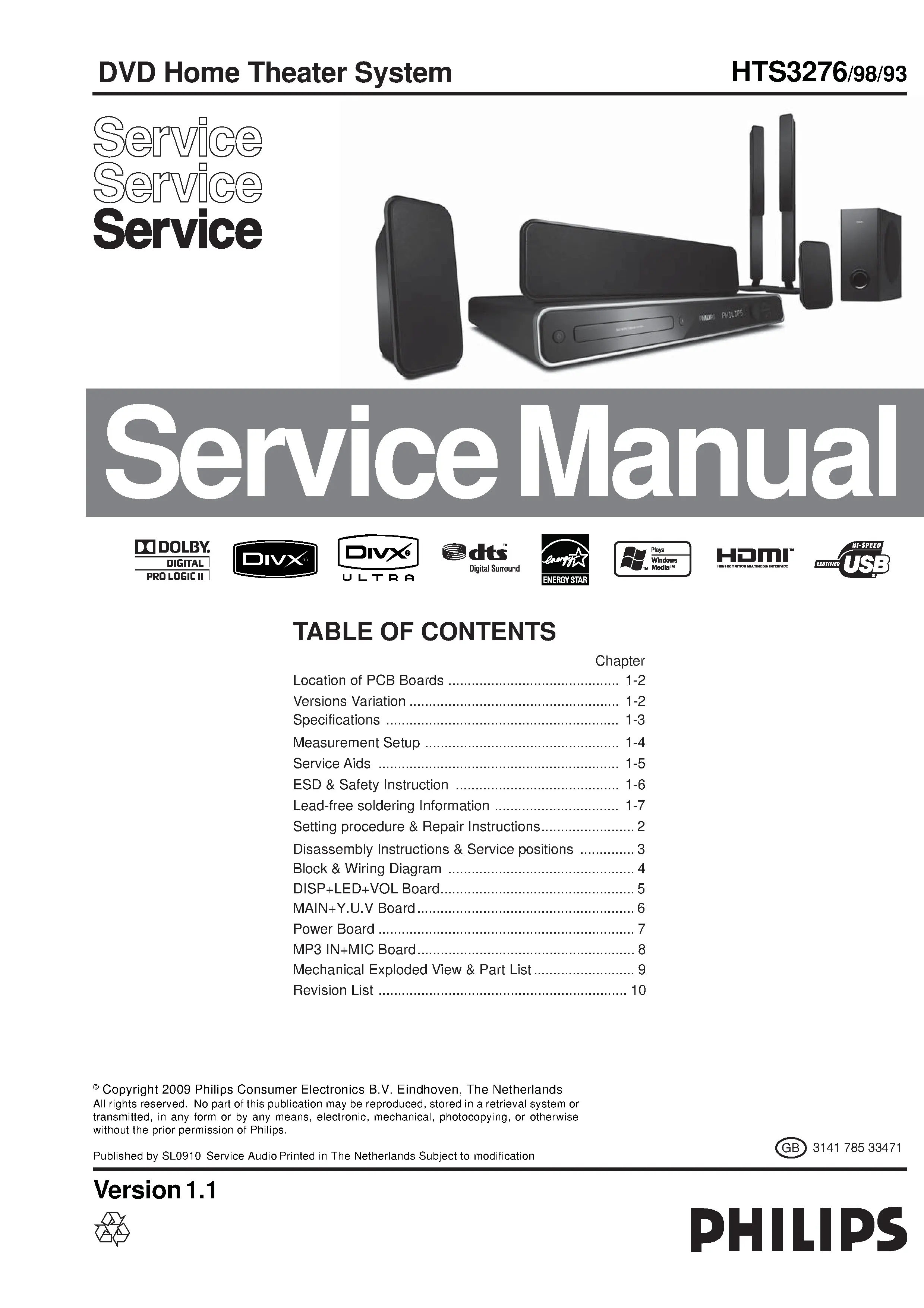 Philips hts3276 service manual cover with picture of the device, model type and number, table of contents, manual version and publication year.