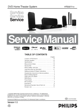 Philips hts3277 service manual cover with picture of the device, model type and number, table of contents, manual version and publication year.