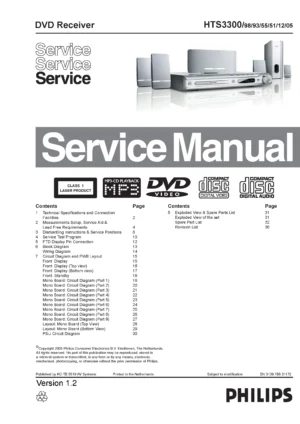 Philips hts3300 service manual cover with picture of the device, model type and number, table of contents, manual version and publication year.