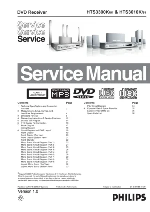 Philips hts3300k service manual cover with picture of the device, model type and number, table of contents, manual version and publication year.