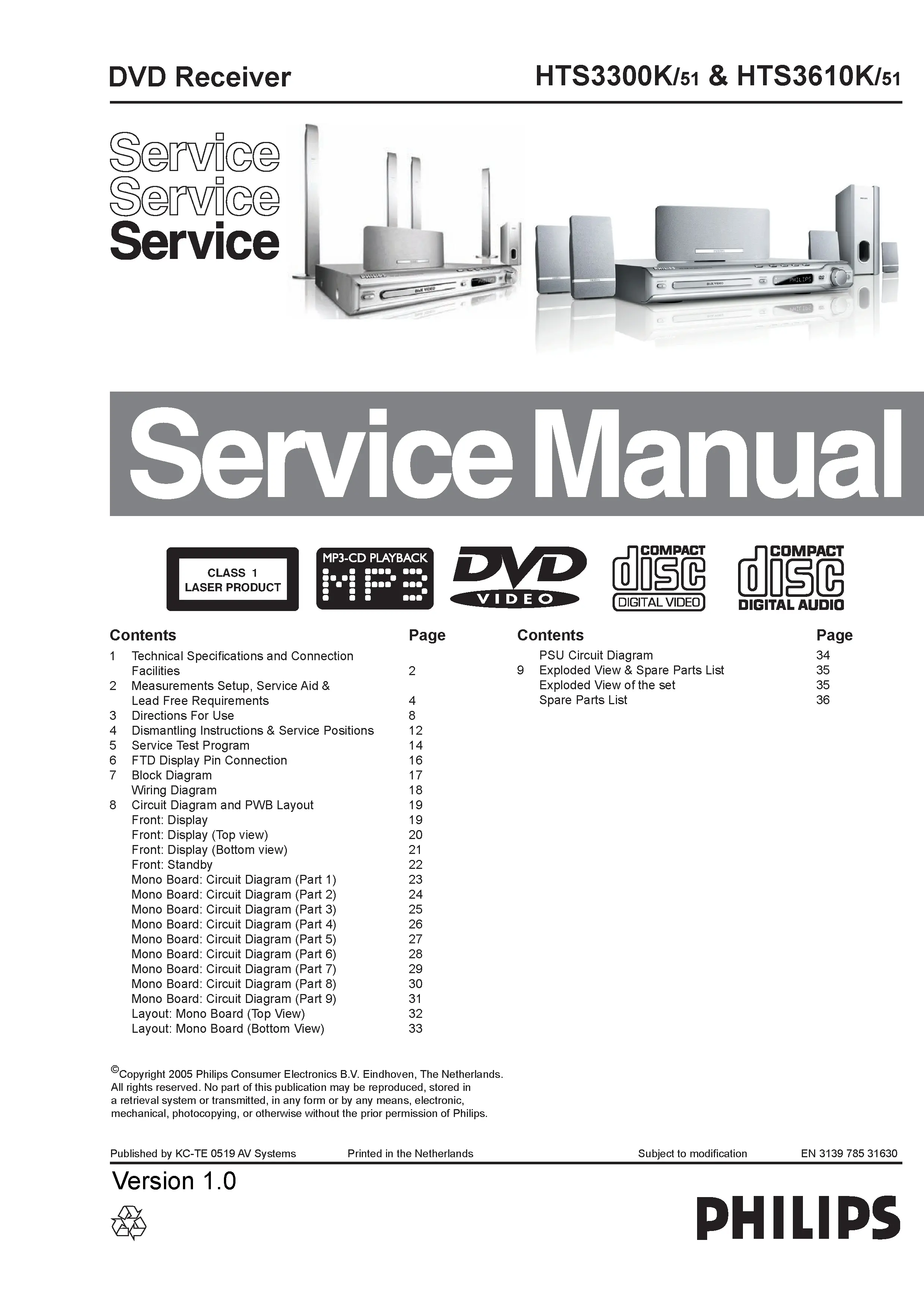 Philips hts3300k service manual cover with picture of the device, model type and number, table of contents, manual version and publication year.