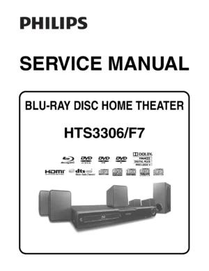 Philips hts3306 service manual cover with picture of the device, model type and number, table of contents, manual version and publication year.