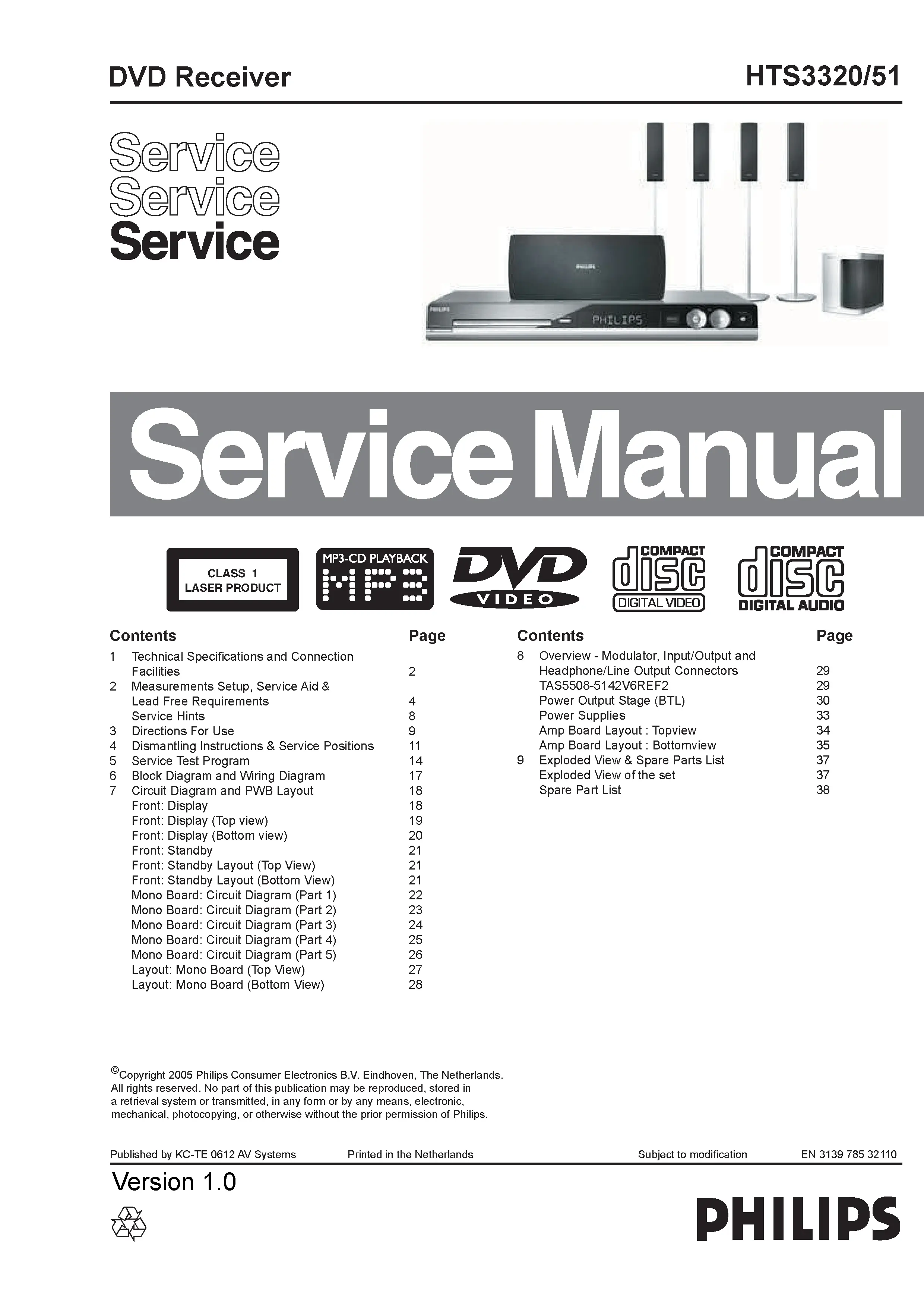 Philips hts3320 service manual cover with picture of the device, model type and number, table of contents, manual version and publication year.