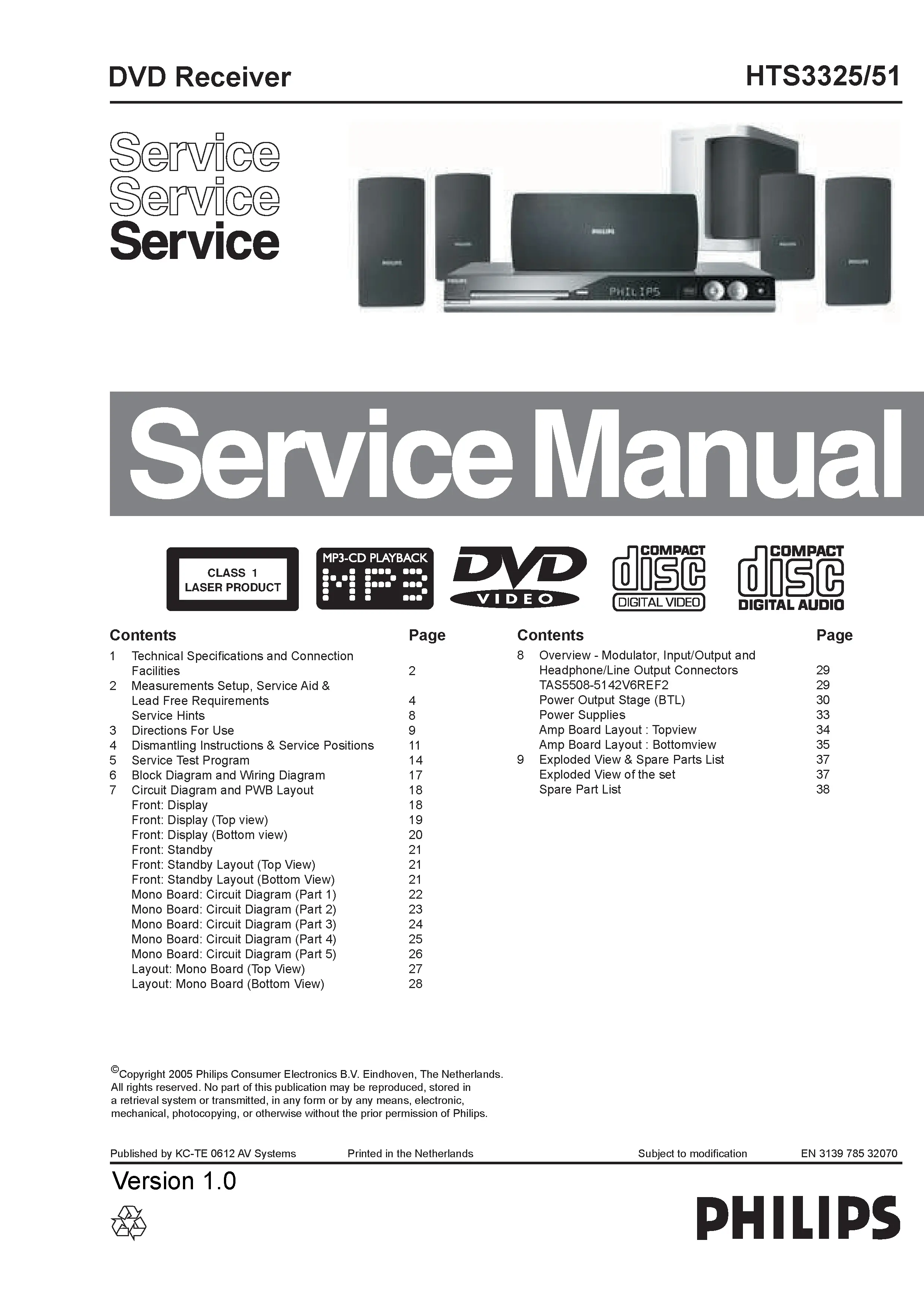 Philips hts3325 service manual cover with picture of the device, model type and number, table of contents, manual version and publication year.
