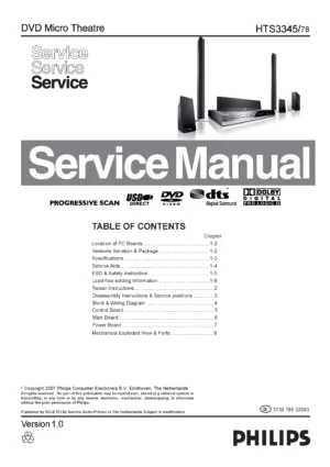 Philips hts3345 service manual cover with picture of the device, model type and number, table of contents, manual version and publication year.